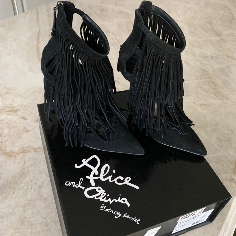 Alice & Olivia Black Suede Fringe Heels